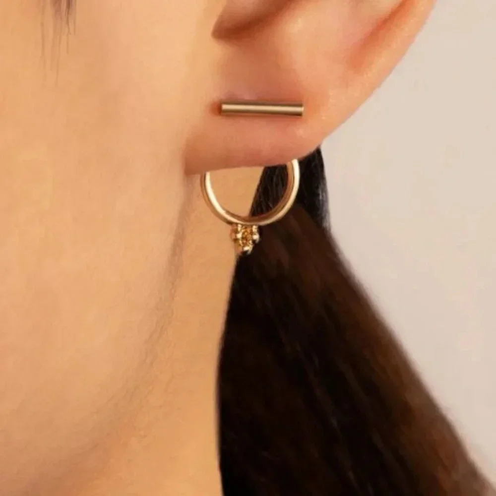 Minimalist Gold Bar Circle Round Stud Earrings